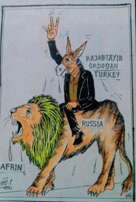 سید محمد امین قریشی کاریکاتور حمله اردوغان به عفرین با حمایت روسیه را به تصویر کشید.